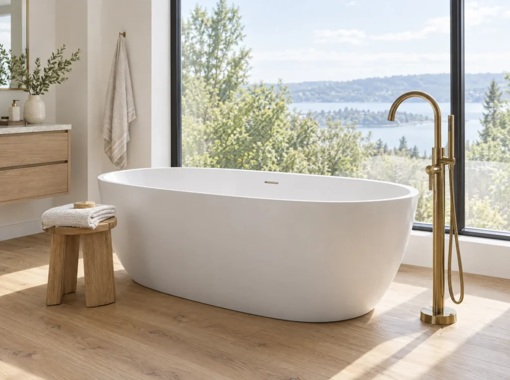 White free-standing bathtub by a large window with a floor-mounted brass tub filler