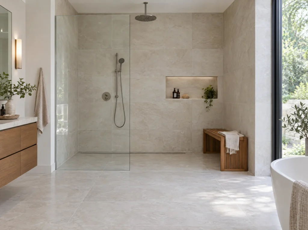Curbless walk-in shower with a single glass panel, rainfall head, wall niche and teak bench