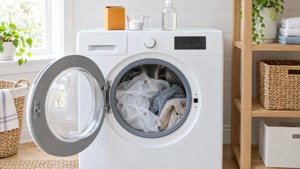 Plastic shower curtain liner and two bath towels in an open washing machine with baking soda and white vinegar