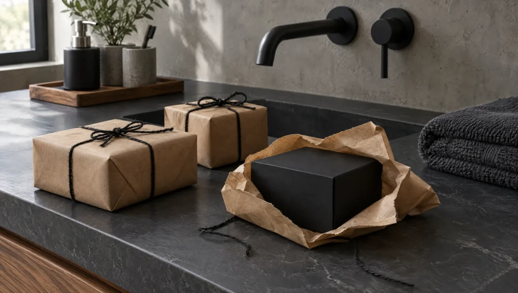 Kraft paper wrapped gifts tied with black twine on a slate bathroom counter with a matte black faucet