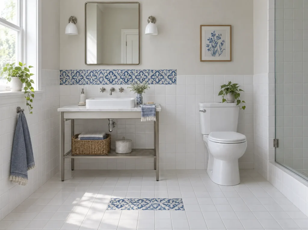 Plain white tiles with a few patterned blue cement accent tiles behind the sink and inset in the floor