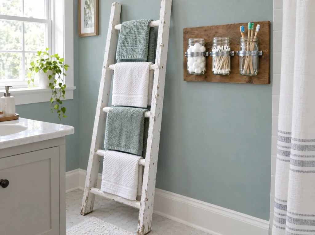 Old ladder repainted white as a towel rack next to wall-mounted glass jars holding bathroom essentials