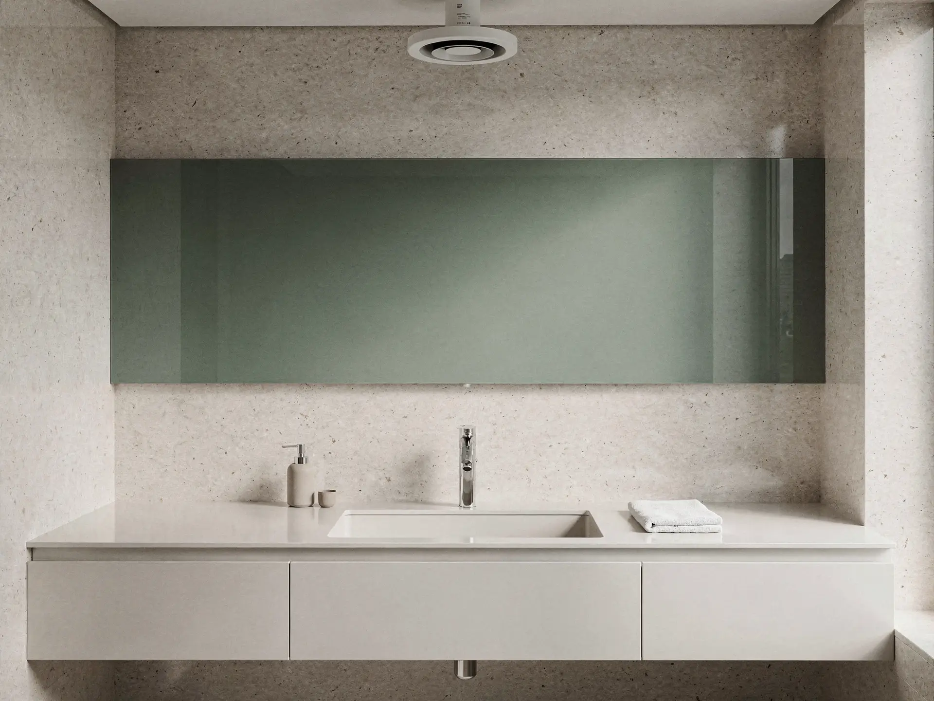 Grout-free bathroom wall in solid-surface stone with back-painted sage glass panel and quiet ceiling fan