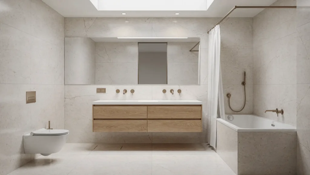 Easy-to-clean bathroom with floating oak double vanity, wide mirror, wall-hung toilet and white shower curtain on an alcove tub