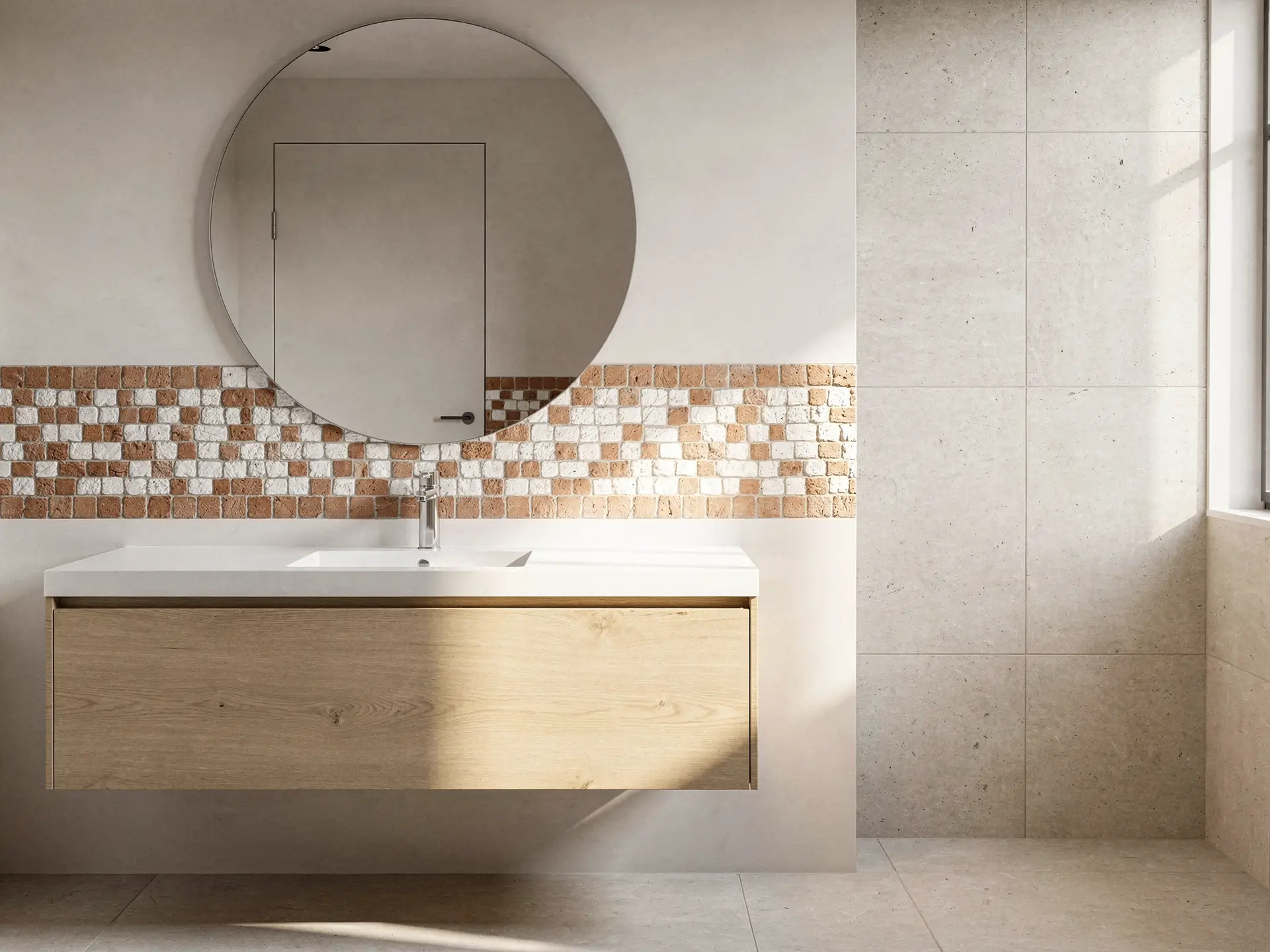 Terracotta mosaic tile band behind the vanity, kept away from the shower area