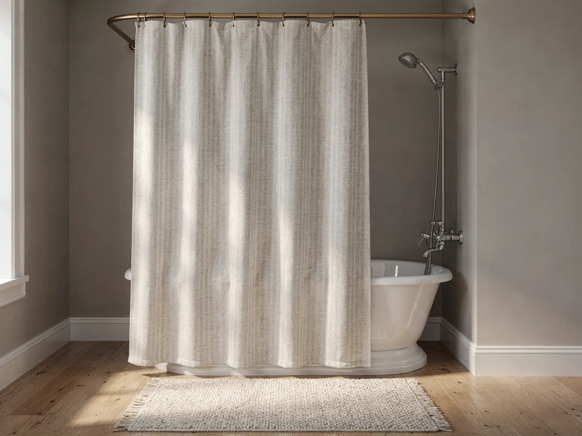 Striped cotton shower curtain on a brass rod with handheld shower head on a long hose