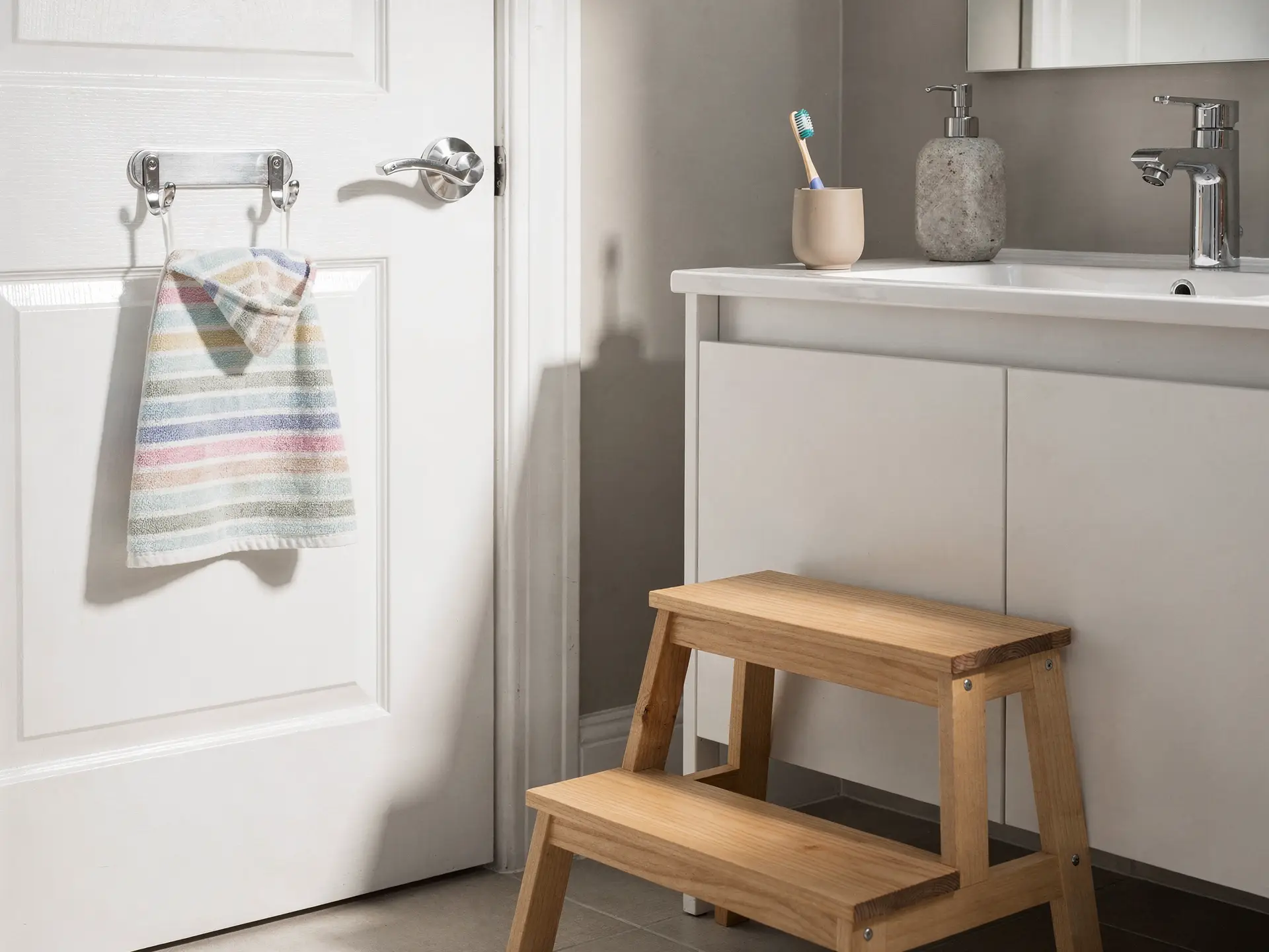 Over-the-door hook rack holding a child's towel next to a step stool, tumbler and resin soap pump within reach