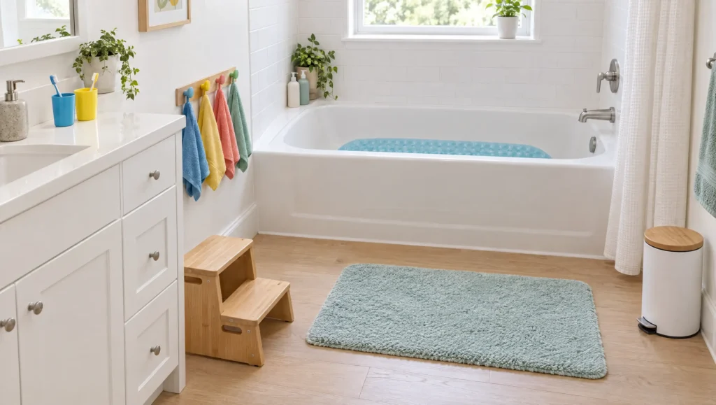 Family bathroom with non-slip mat inside the tub, bath rug, wooden step stool and low towel hooks at child height