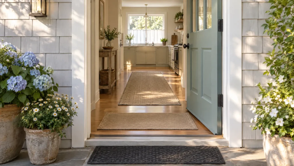 Open front door in summer with a rubber doormat outside, an indoor mat and a kitchen runner in view