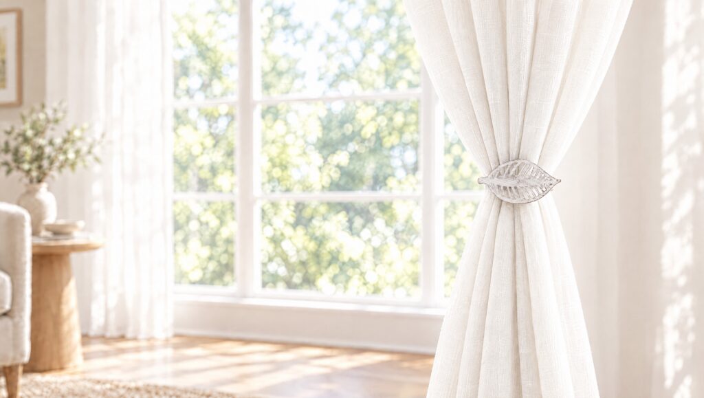 Sheer white curtain held back with a silver tieback beside a tall window letting natural light into a bright living room