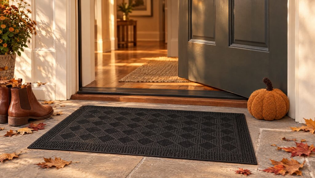 Cinnamon boucle pumpkin door stopper and black checkerboard rubber door mat at an open front door with autumn leaves