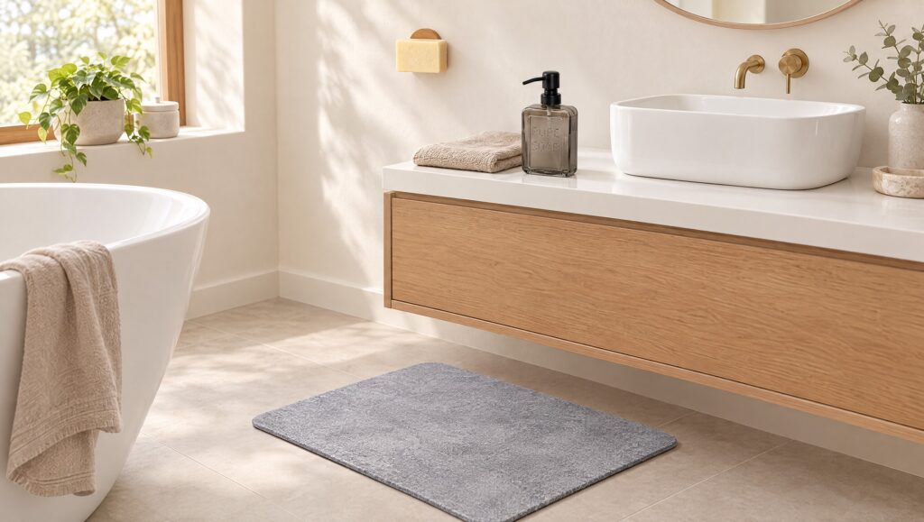 Gray diatomite stone bath mat on a tile floor, bamboo magnetic soap holder and smoked glass soap dispenser in a bright bathroom
