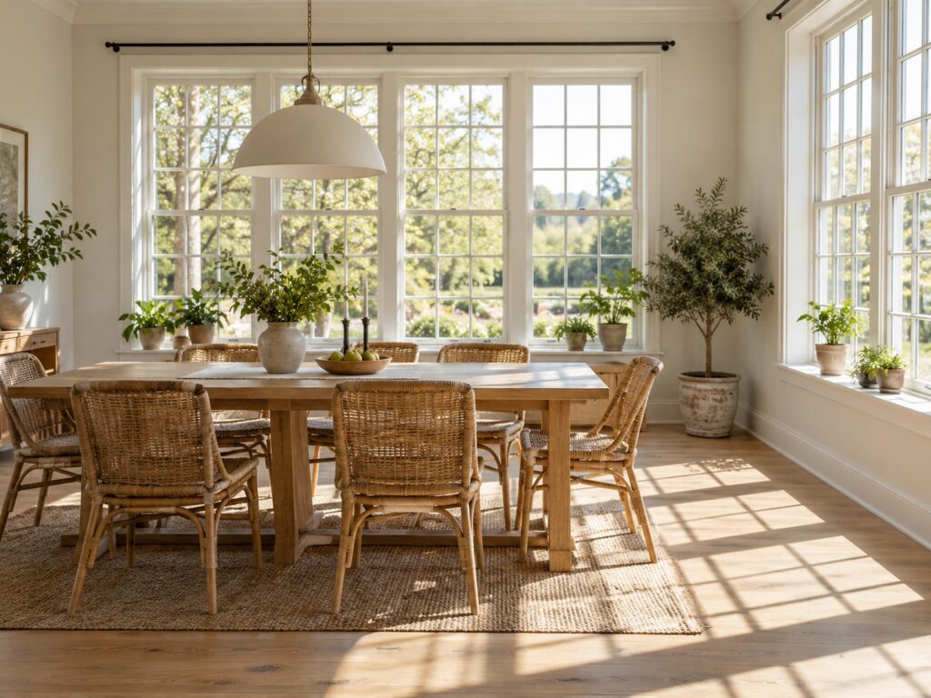 Bright dining room with tall uncovered windows, wooden table and rattan chairs
