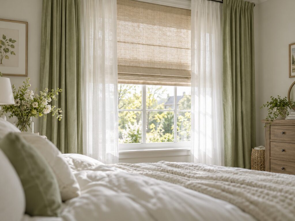 Bedroom window layered with a woven roman shade, white sheers and sage green curtains