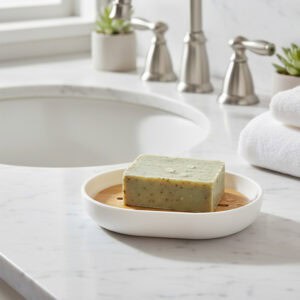 Bamboo soap tray in white holder beside bathroom basin and towels