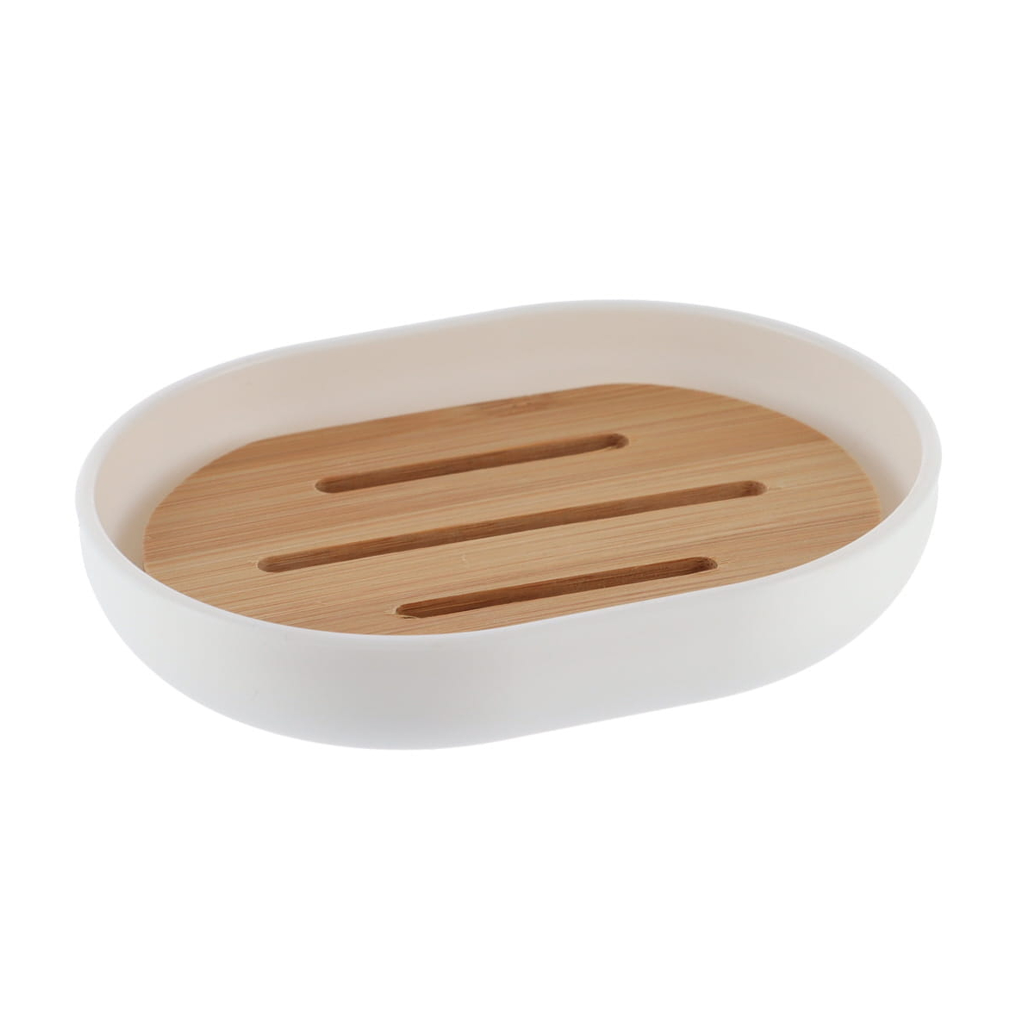 White oval soap dish with bamboo tray isolated on white background