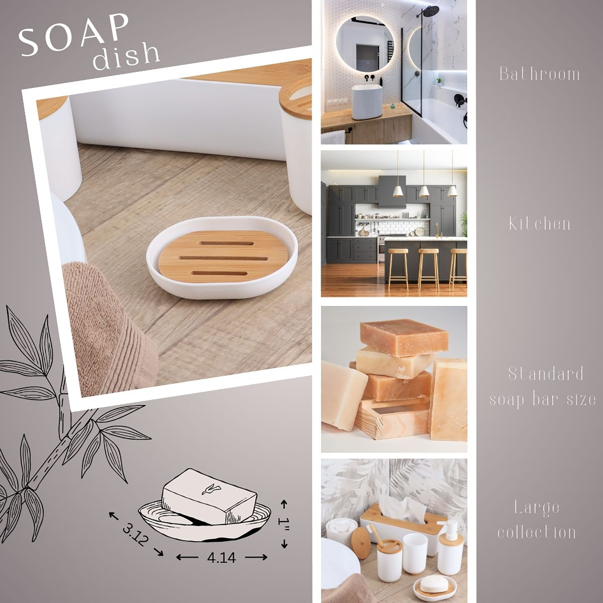 Soap dish infographic showing bathroom kitchen use and dimensions