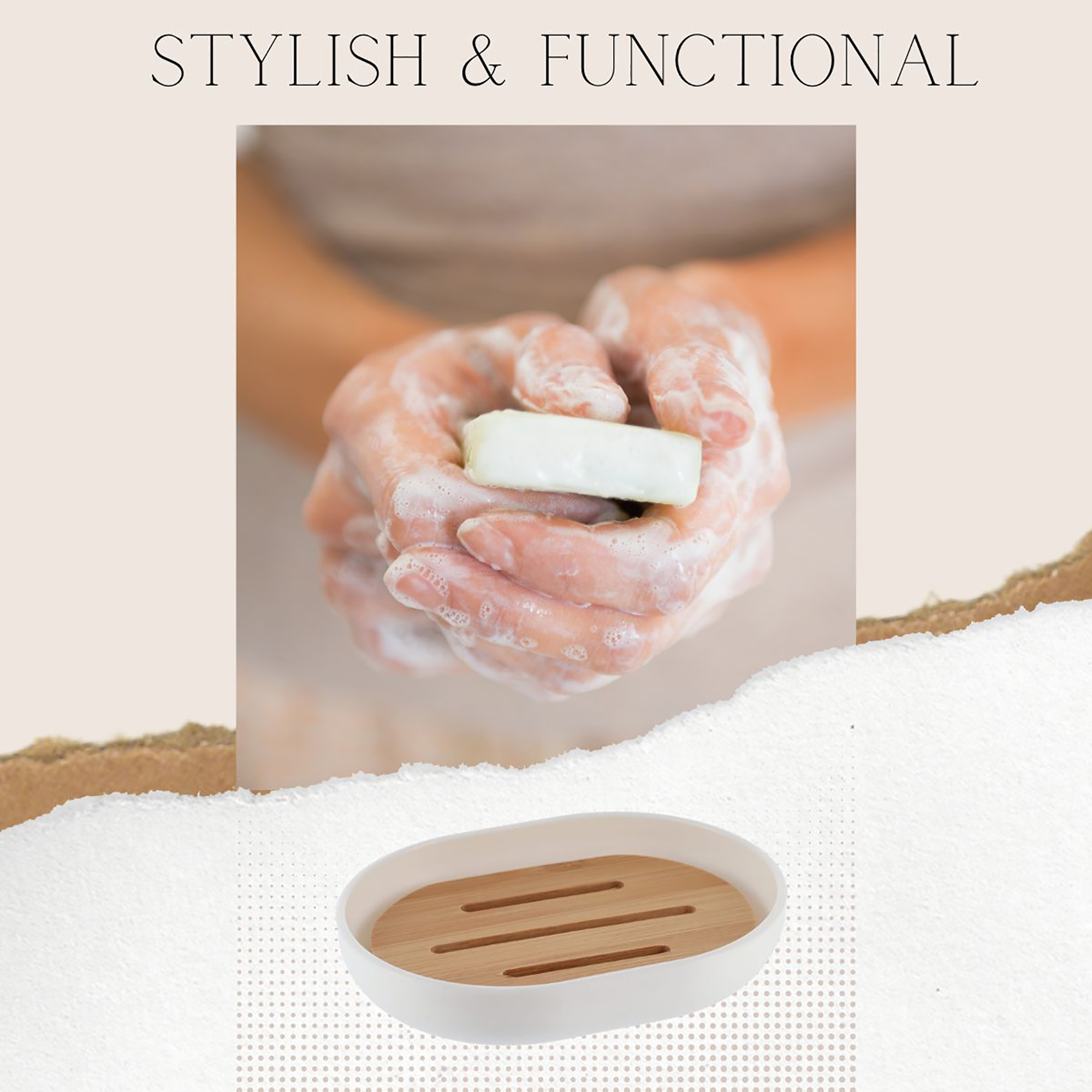 White bamboo soap dish shown below hands holding soap bar graphic