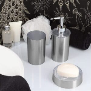 Modern bathroom set with aluminum soap dish tumbler and dispenser