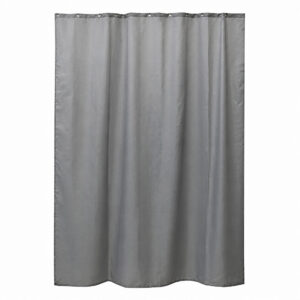 Grey extra long polyester shower curtain measuring 79 by 71 inches hanging on a rod