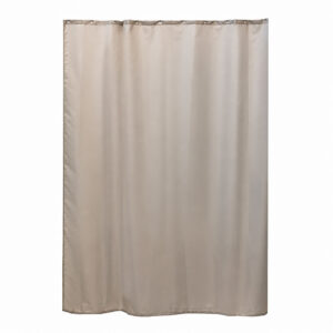 Taupe extra long polyester shower curtain measuring 79 by 71 inches hanging on a rod