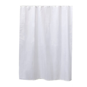 White extra long polyester shower curtain measuring 79 by 71 inches hanging on a rod