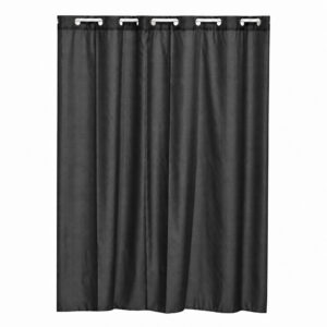 Black hookless shower curtain with built-in rings, textured cubic polyester, 71 x 79 inch, on white background