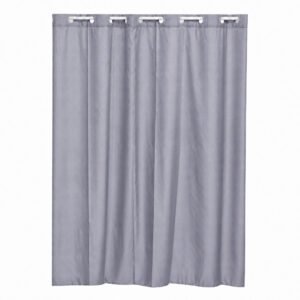Gray hookless shower curtain with built-in rings, textured cubic polyester, 71 x 79 inch, on white background