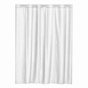 White hookless shower curtain with built-in rings, textured cubic polyester, 71 x 79 inch, on white background