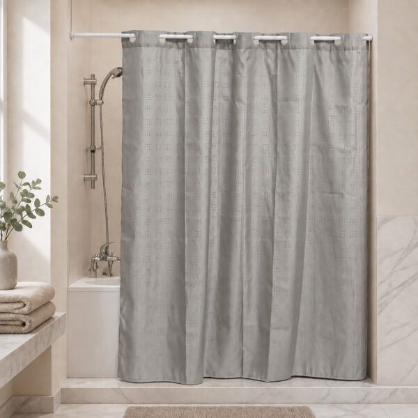 Taupe extra long hookless shower curtain hanging on a rod in a bright bathroom with a bathtub