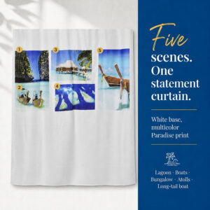 Close-up of the island photo print with sea, sand and palm trees on the PARADISE shower curtain