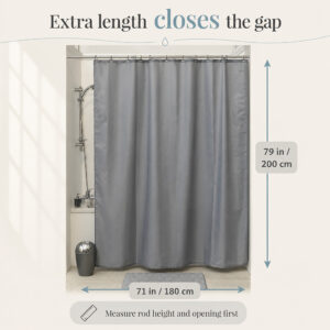 Dimension diagram of the grey shower curtain, 79 inches long by 71 inches wide