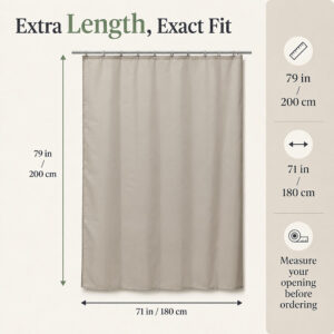 Dimension diagram of the taupe shower curtain, 79 inches long by 71 inches wide