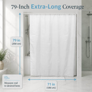 Dimension diagram of the white shower curtain, 79 inches long by 71 inches wide