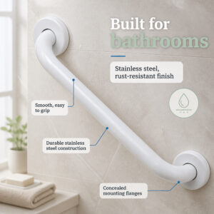 Rust resistant stainless steel shower support rail mounted on a tiled bathroom wall