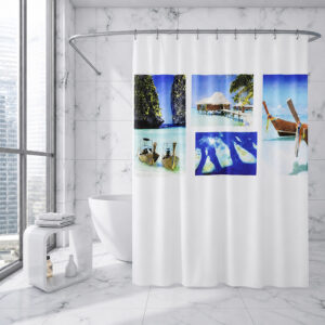 Coastal bathroom with the PARADISE beach shower curtain drawn across a white bathtub