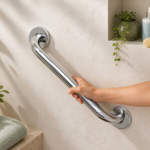 Elderly user gripping a bathroom grab bar for standing balance support