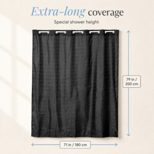 Black shower curtain dimensions: 71 inches wide by 79 inches long (180 x 200 cm) for taller shower openings