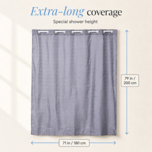 Gray shower curtain dimensions: 71 inches wide by 79 inches long (180 x 200 cm) for taller shower openings