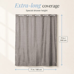Taupe shower curtain dimensions: 71 inches wide by 79 inches long (180 x 200 cm) for taller shower openings