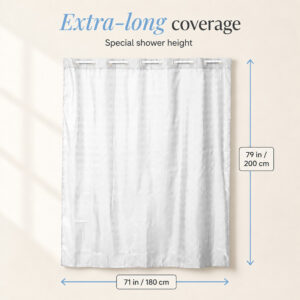 White shower curtain dimensions: 71 inches wide by 79 inches long (180 x 200 cm) for taller shower openings