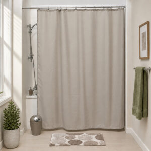 Taupe polyester shower curtain in a modern bathroom with a white bathtub
