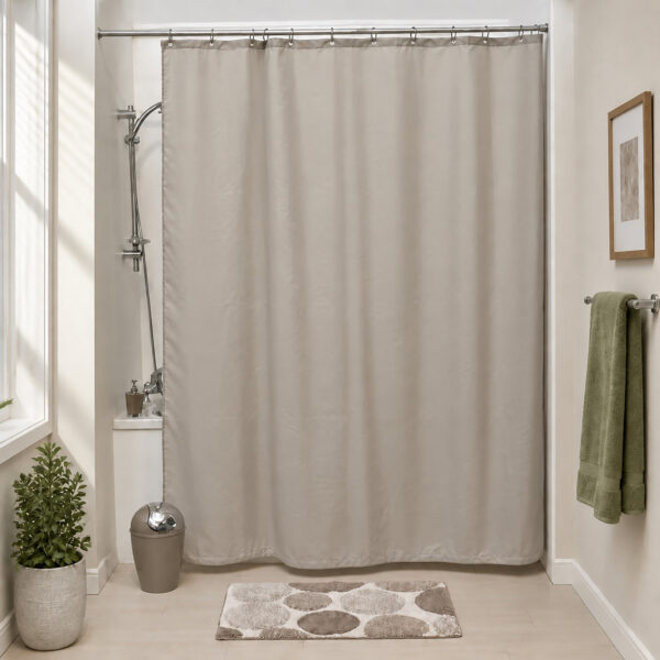 Taupe polyester shower curtain in a modern bathroom with a white bathtub