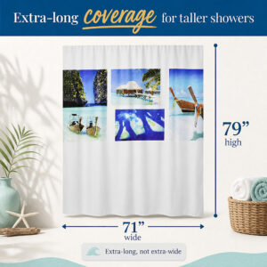 Dimension diagram of the extra long shower curtain, 79 inches long by 71 inches wide