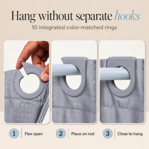 Three steps to hang the gray shower curtain: flex open the built-in snap ring, place it on the rod, close it