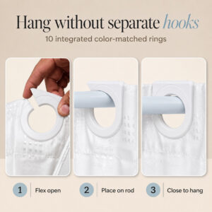 Three steps to hang the white shower curtain: flex open the built-in snap ring, place it on the rod, close it