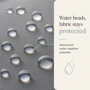 Close-up of the water resistant grey polyester fabric of the shower curtain