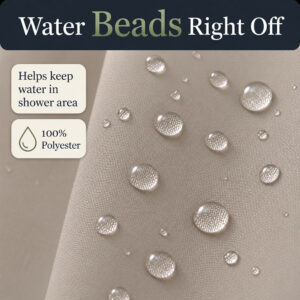Close-up of the water resistant taupe polyester fabric of the shower curtain