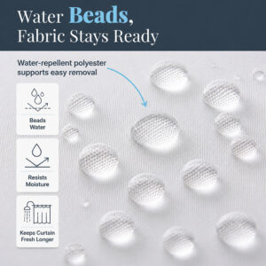 Close-up of the water resistant white polyester fabric of the shower curtain