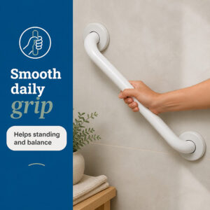 Hand gripping the white grab bar for standing balance assistance